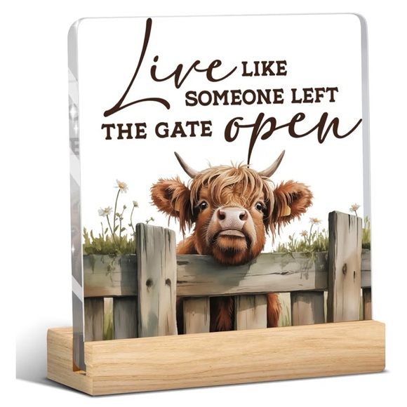 Highland Cow Sign Rustic Farmhouse Acrylic Plaque With Stand - Picture 1 of 4